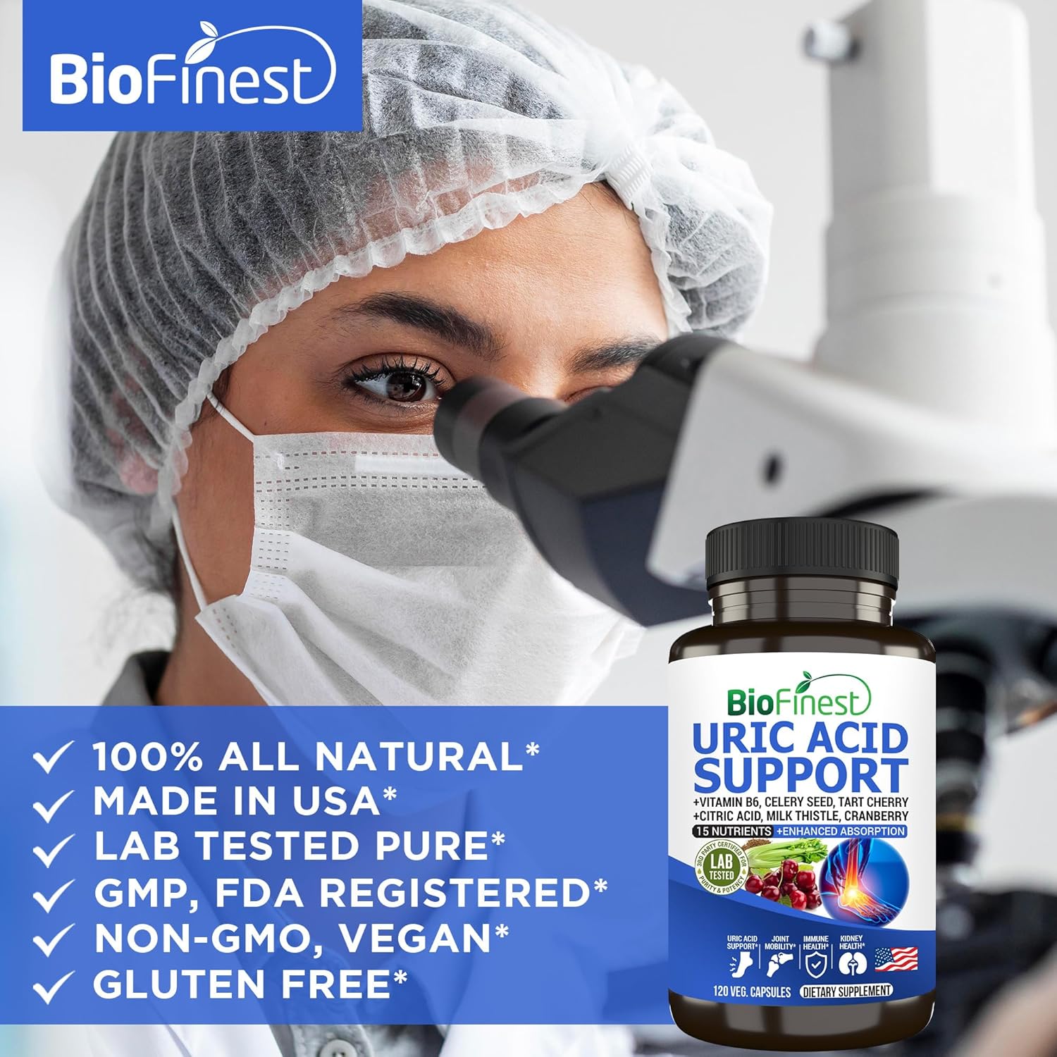BioFinest Uric Acid Support Supplement with Vitamin B, Cranberry, and Turmeric for Immune Health and Joint Mobility (120 Capsules)