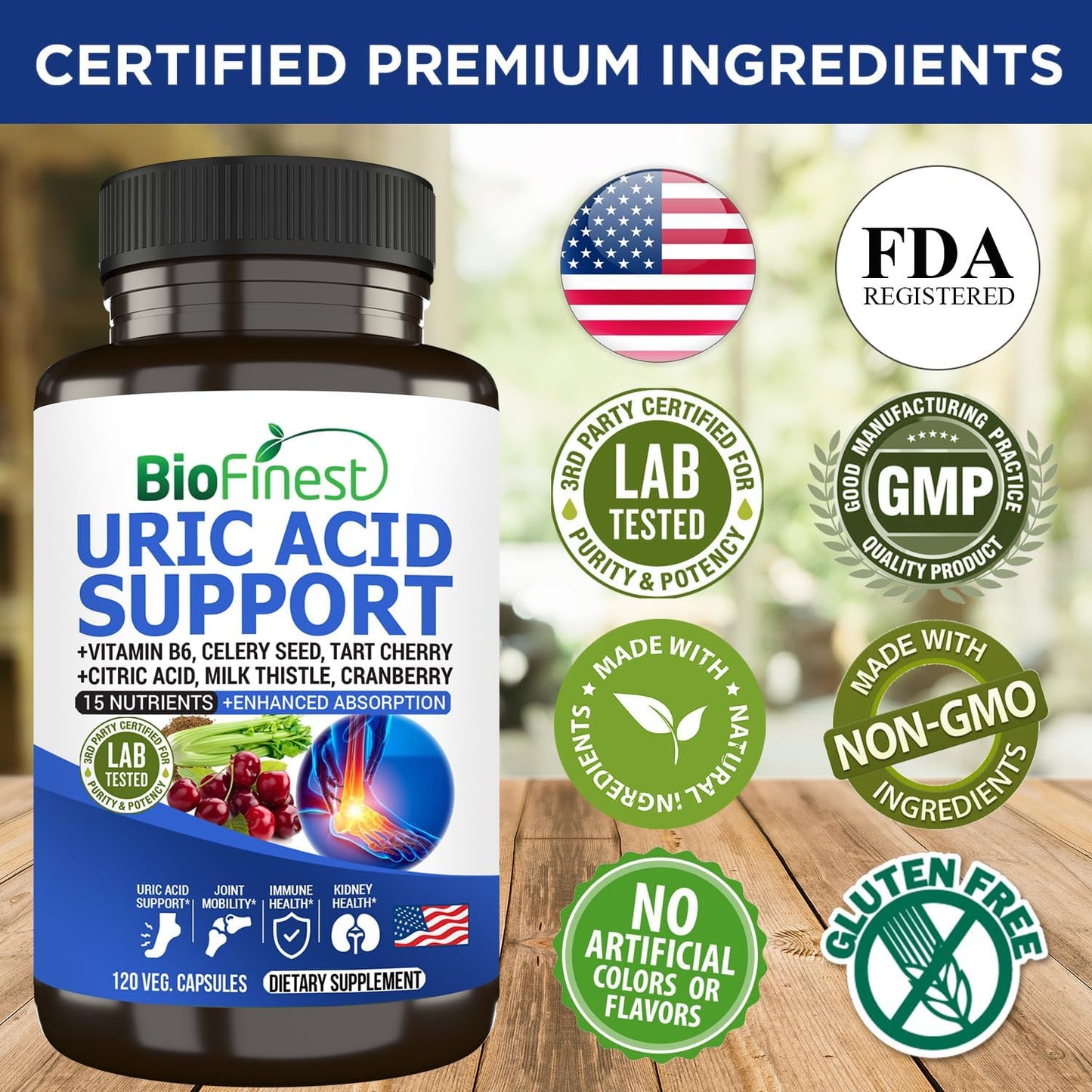 BioFinest Uric Acid Support Supplement with Vitamin B, Cranberry, and Turmeric for Immune Health and Joint Mobility (120 Capsules)