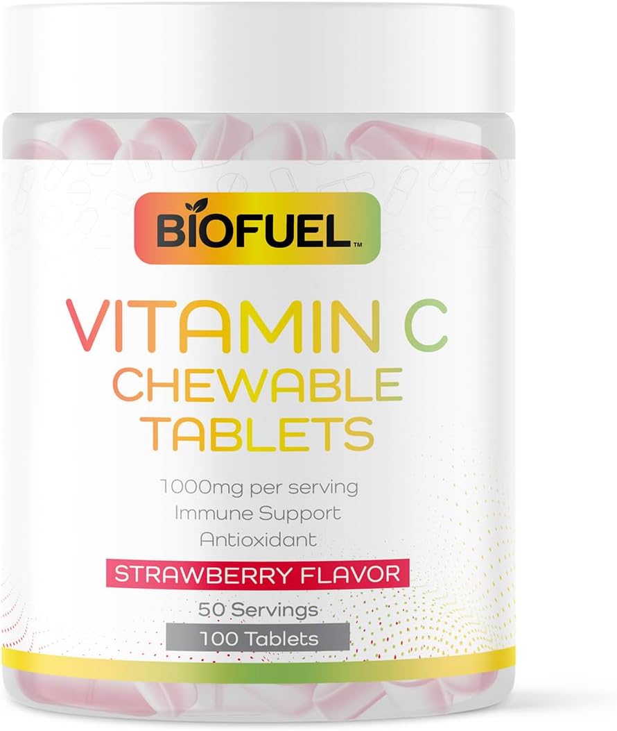 Biofuel Vitamin C Chewable Tablets - 1000mg, 100 Count, Strawberry Flavor - Immune Support & Antioxidant Boost