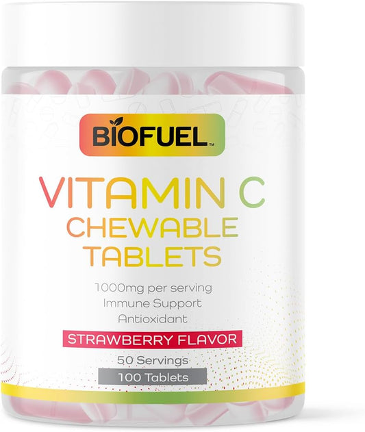 Biofuel Vitamin C Chewable Tablets - 1000mg, 100 Count, Strawberry Flavor - Immune Support & Antioxidant Boost