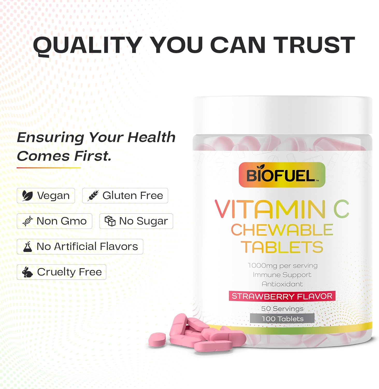 Biofuel Vitamin C Chewable Tablets - 1000mg, 100 Count, Strawberry Flavor - Immune Support & Antioxidant Boost