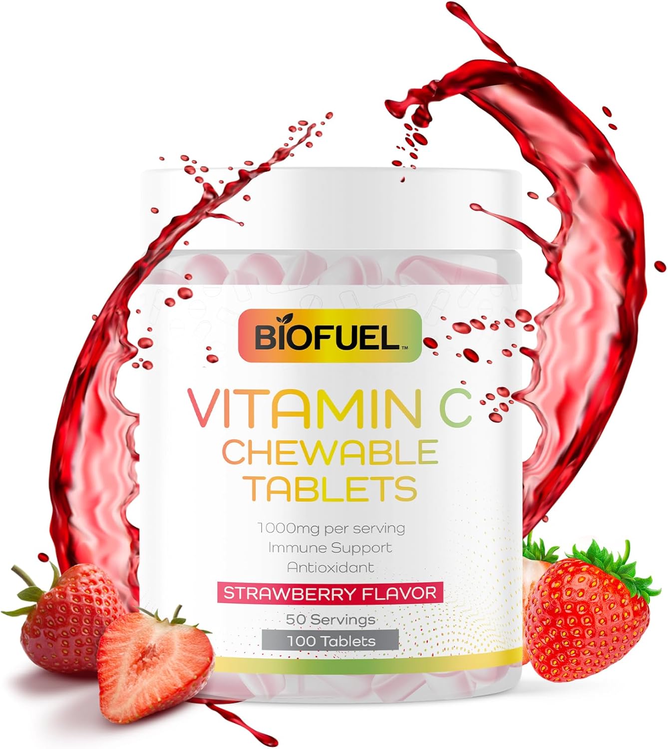 Biofuel Vitamin C Chewable Tablets - 1000mg, 100 Count, Strawberry Flavor - Immune Support & Antioxidant Boost