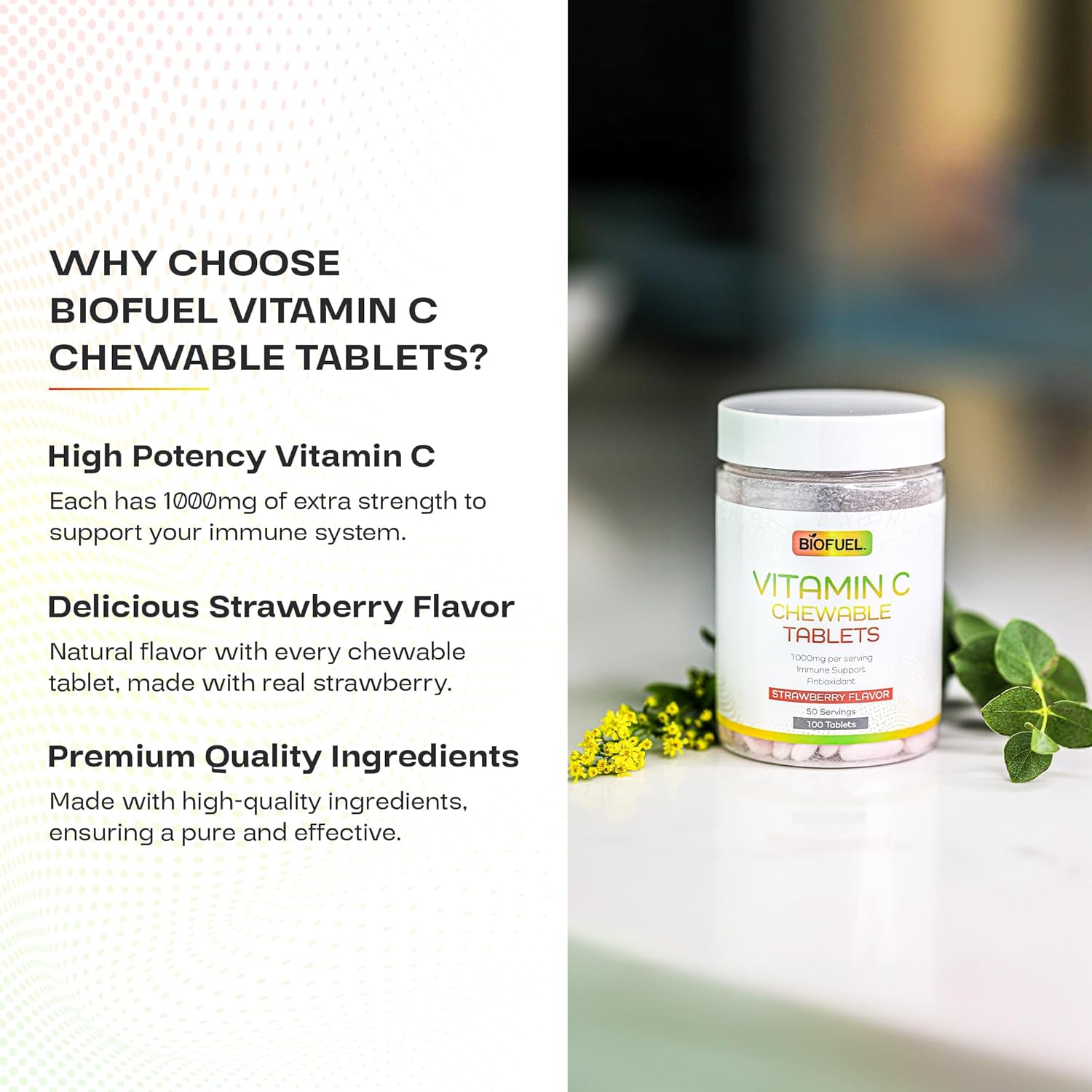 Biofuel Vitamin C Chewable Tablets - 1000mg, 100 Count, Strawberry Flavor - Immune Support & Antioxidant Boost