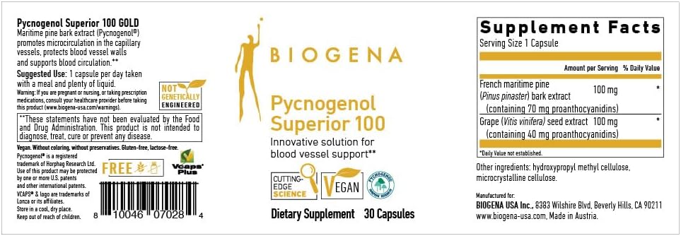 Biogena Pycnogenol 100 mg Gold: Premium French Maritime Pine Bark Extract for Blood Circulation Support