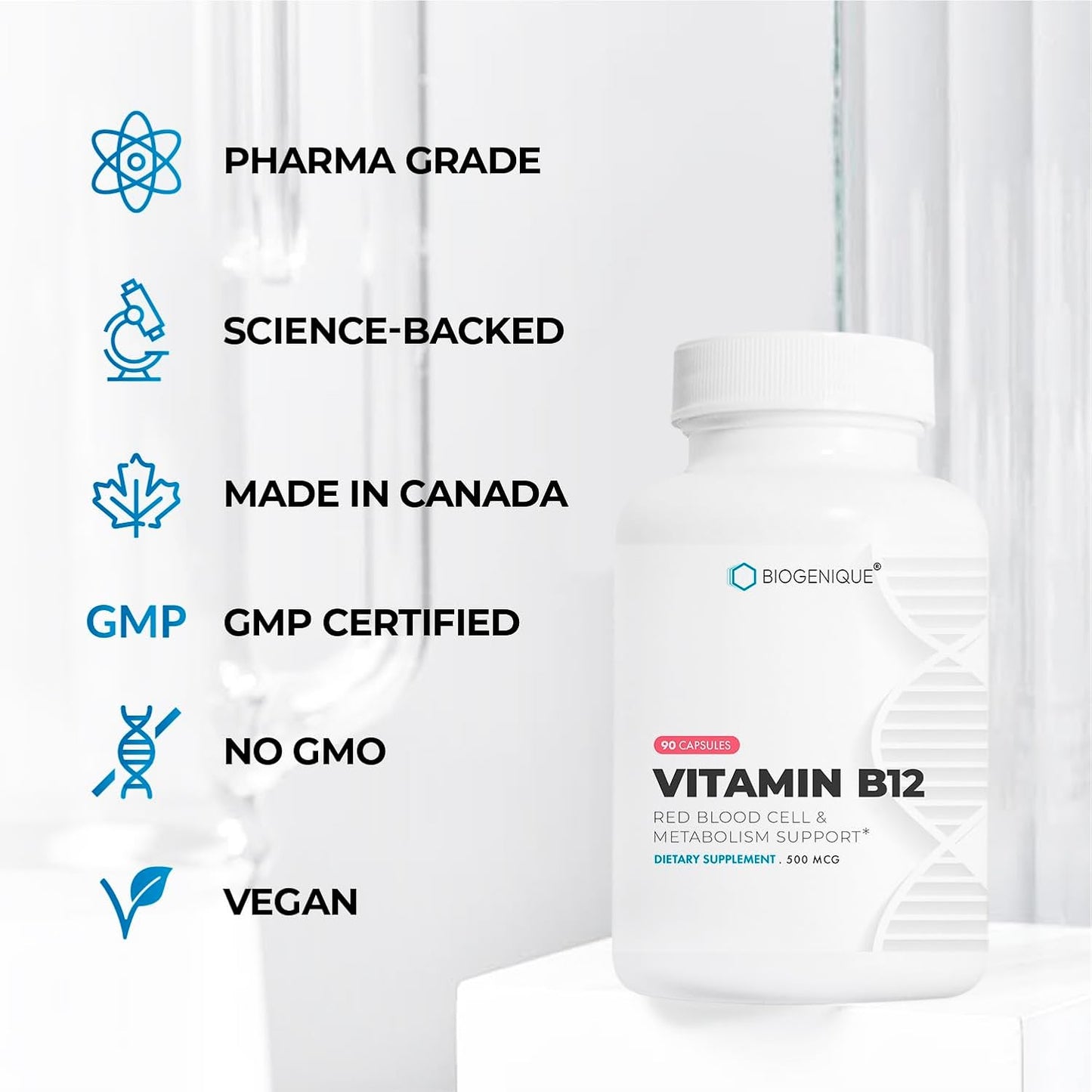 Biogenique Methylcobalamin Vitamin B12 Capsules - Supports Energy, Nervous System, Blood Cells & Methylation - Non-GMO, Gluten-Free Vitamin Supplement