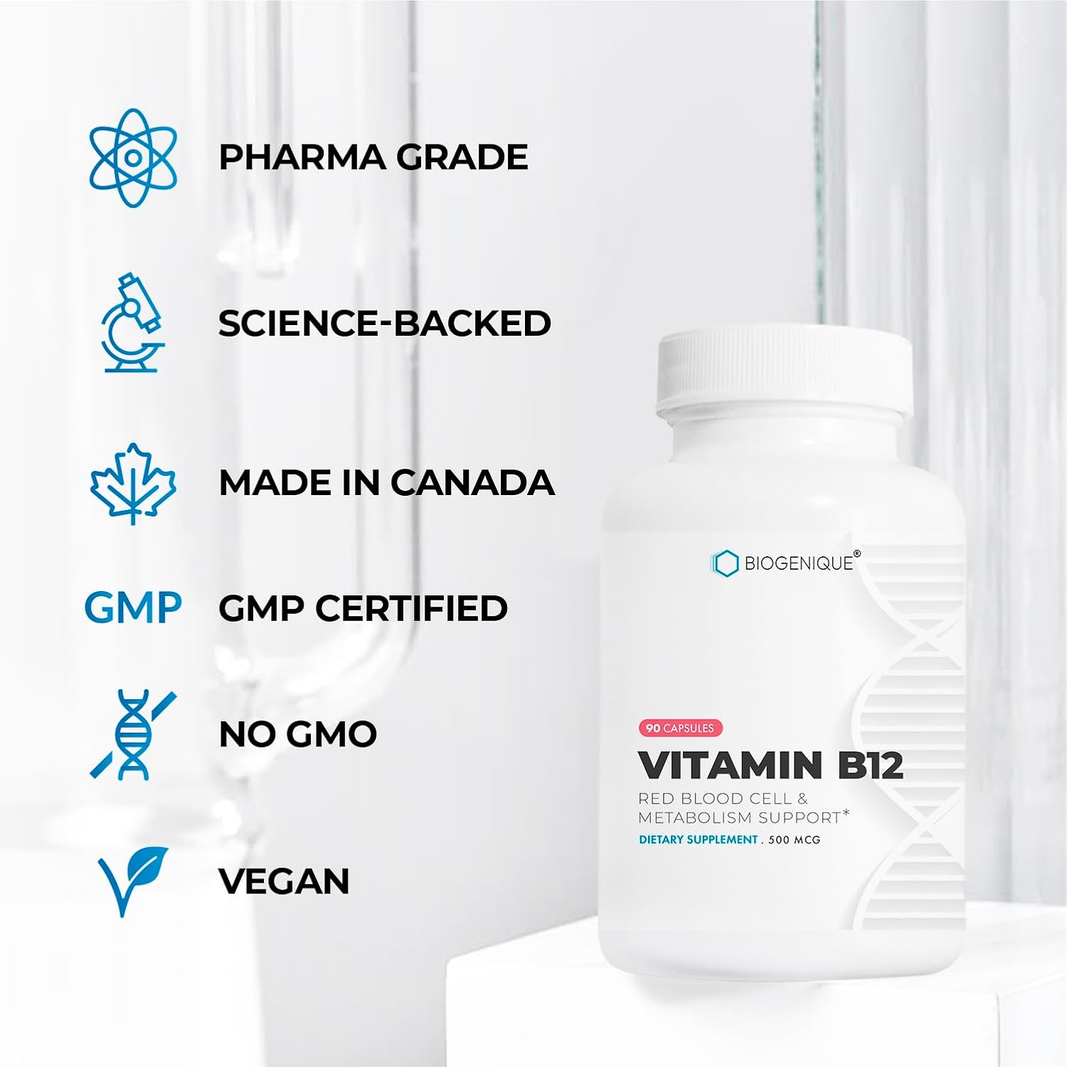 Biogenique Methylcobalamin Vitamin B12 Capsules - Supports Energy, Nervous System, Blood Cells & Methylation - Non-GMO, Gluten-Free Vitamin Supplement