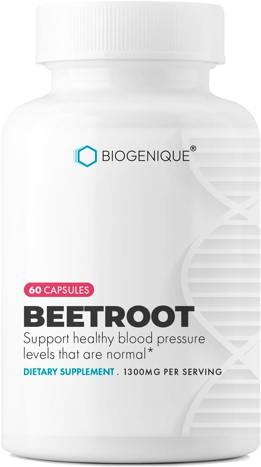 Biogenique Organic Beet Root Capsules - 1300mg for Blood Pressure, Athletic Performance, Digestion, Immune System - 60 Count
