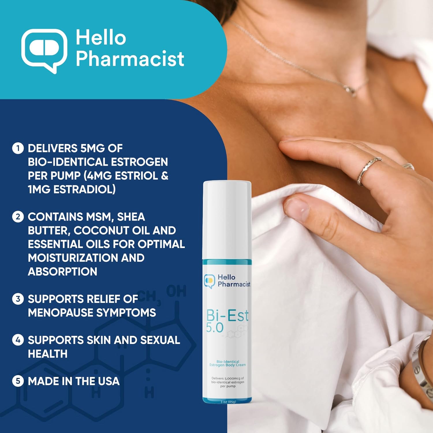 Bioidentical Bi-EST 5.0 Estrogen Cream for Menopause Relief - 5 mg Per Pump - Infused with Essential Oils and Herbs - Moisturizing Skin Treatment (3 oz/85g)