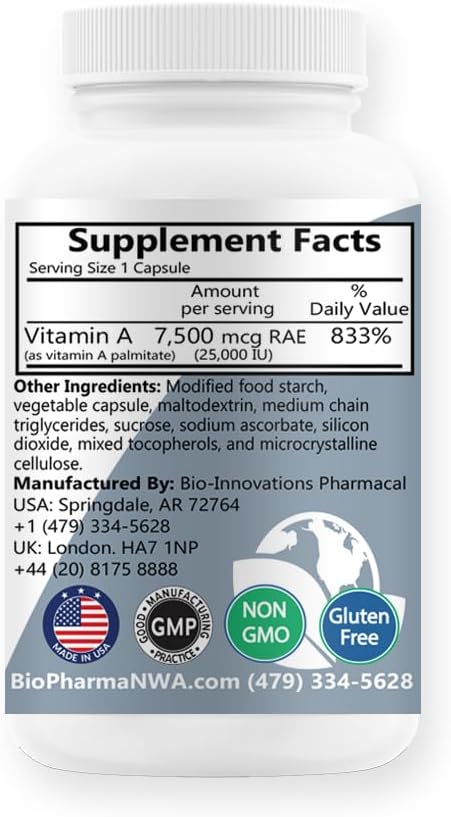 BioInnovations Pharmacal A-25,000 IU Palmitate Powder Capsules - Non-GMO, Supports Vision, Immune System, Skin & Bone Health - Antioxidant