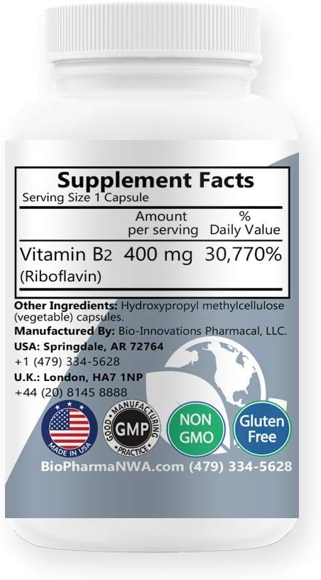 BioInnovations Pharmacal B2-400 Riboflavin Capsules for Nervous System Health, Cardiovascular Support, Energy Boost, Mental Clarity, Metabolism - 60 Vegan Capsules