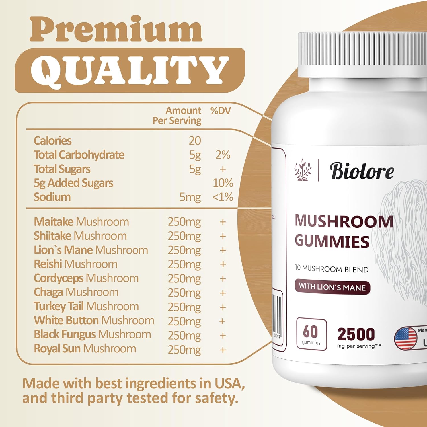 Biolore Mushroom Superfood Gummies - 10 Powerful Mushrooms with Chaga, Lions Mane, Reishi, Cordyceps for Brain Boost & Immune Support - Pack of 1