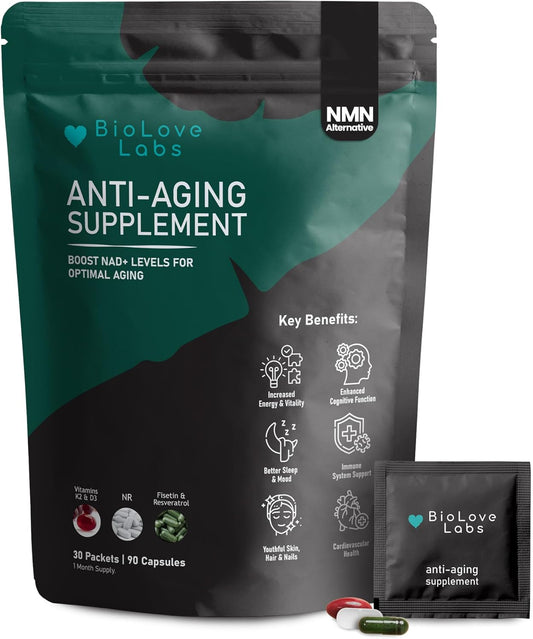 BioLove Labs NAD 3-in-1 Booster with NR, Fisetin, Resveratrol, K2 & D3 for Healthy Aging & Immune Support - 90 Capsules