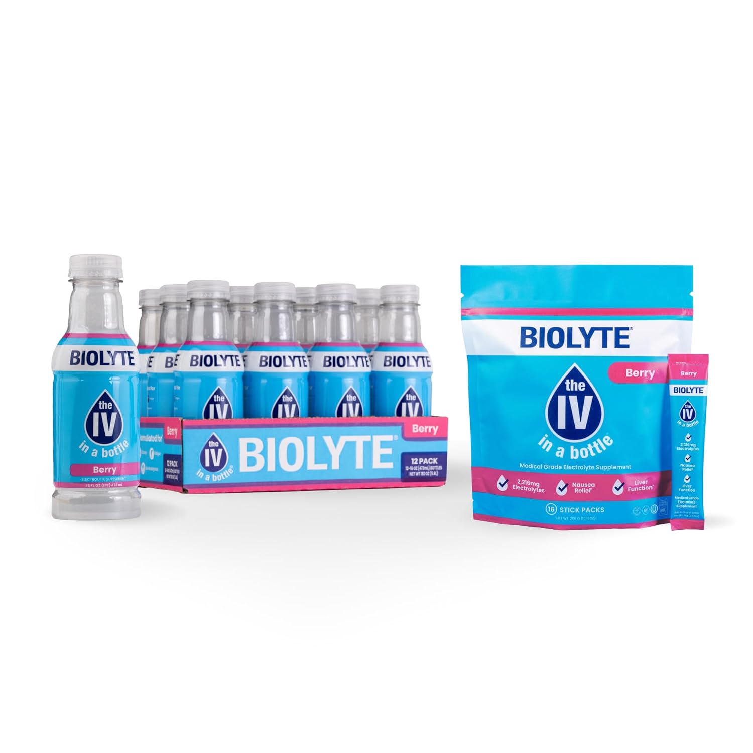 BIOLYTE Electrolyte Drink & IV Hydration Packets - Berry Flavored Liquid with Electrolytes, Sports Rehydration Powder Drink Mix - 12 Bottles & 16 Sticks
