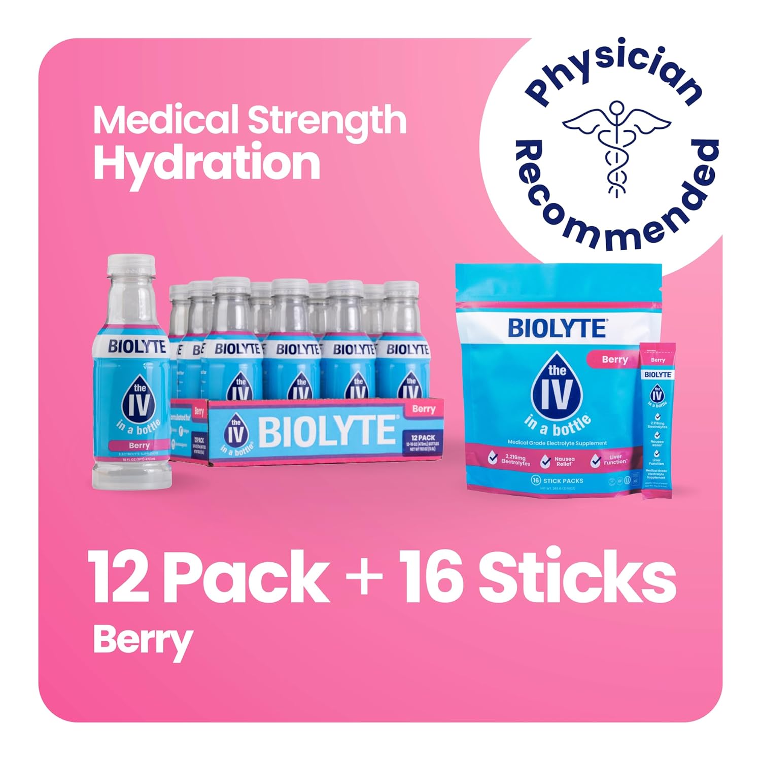 BIOLYTE Electrolyte Drink & IV Hydration Packets - Berry Flavored Liquid with Electrolytes, Sports Rehydration Powder Drink Mix - 12 Bottles & 16 Sticks