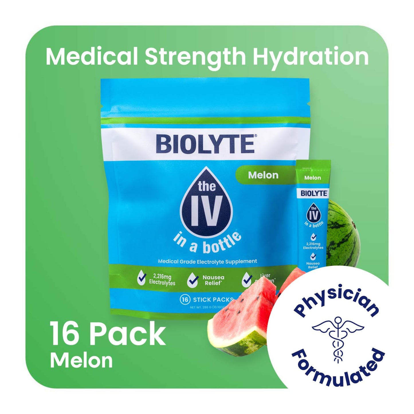 BIOLYTE IV Hydration Packets - Electrolyte Drink Mix for Dehydration Relief, Doctor-Developed Rehydration Formula with Sodium & Vitamins - Watermelon Flavor (16 Sticks)