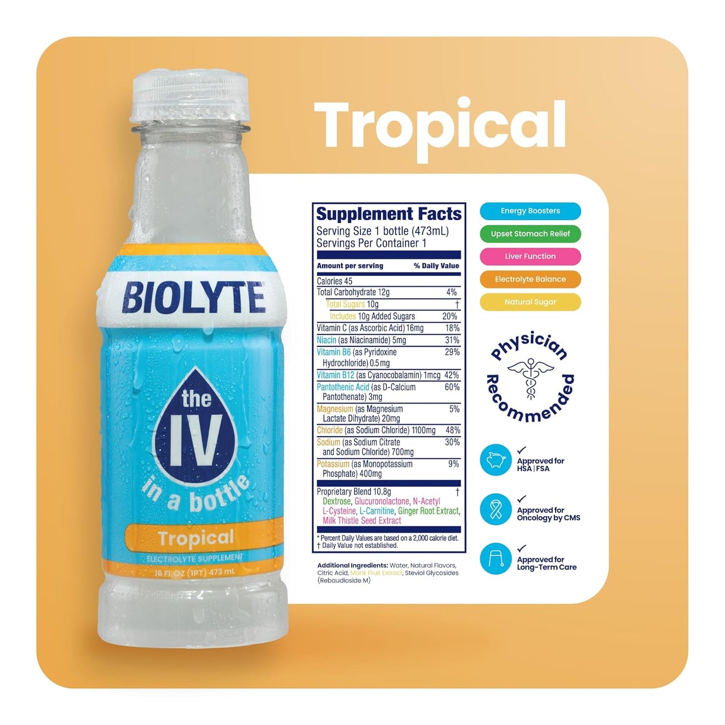 BIOLYTE Tropical Electrolyte Drink - 12 Pack of Medical-Grade Hydration Water with Electrolytes for Energy & Rehydration