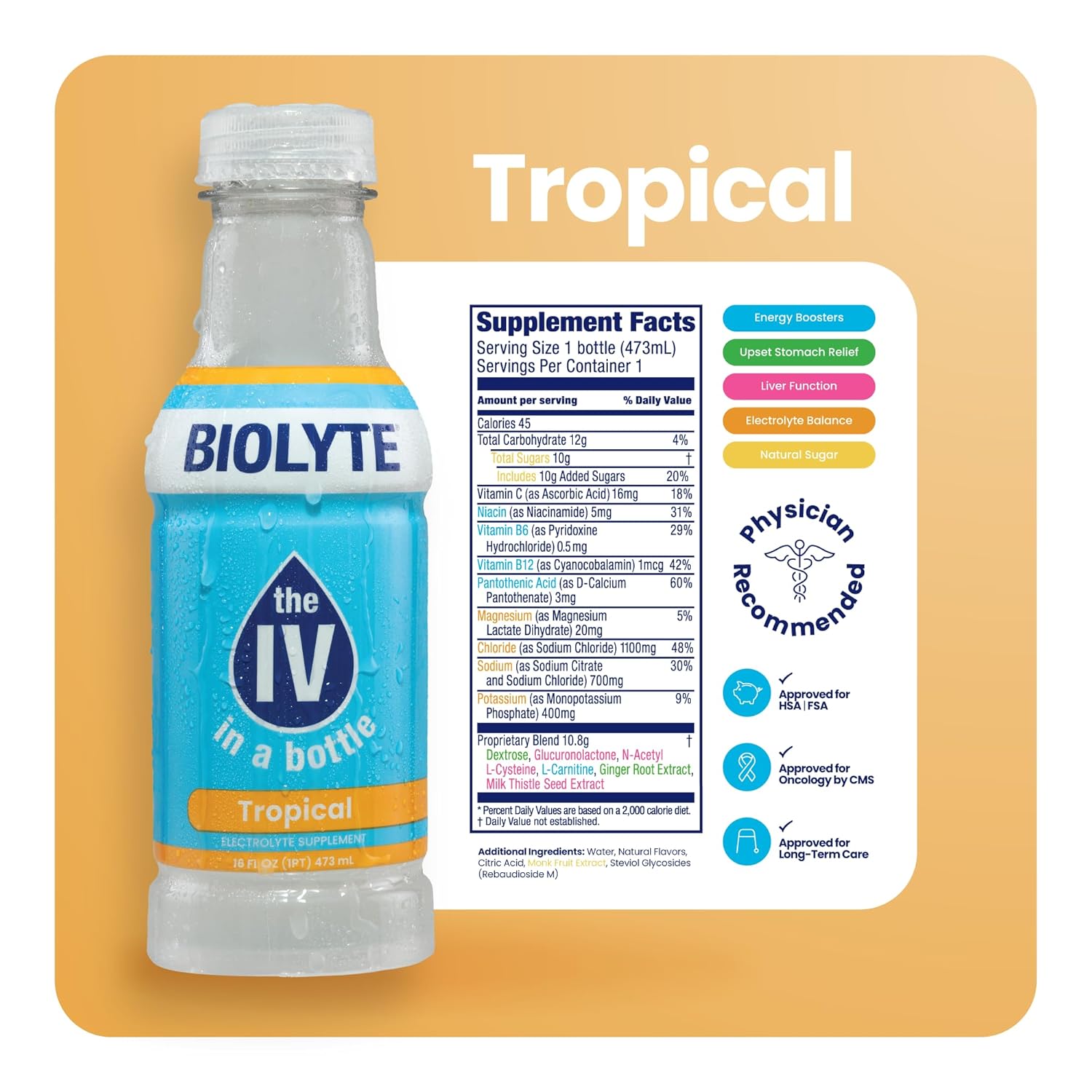 BIOLYTE Tropical Electrolyte Drink - 12 Pack of Medical-Grade Hydration Water with Electrolytes for Energy & Rehydration