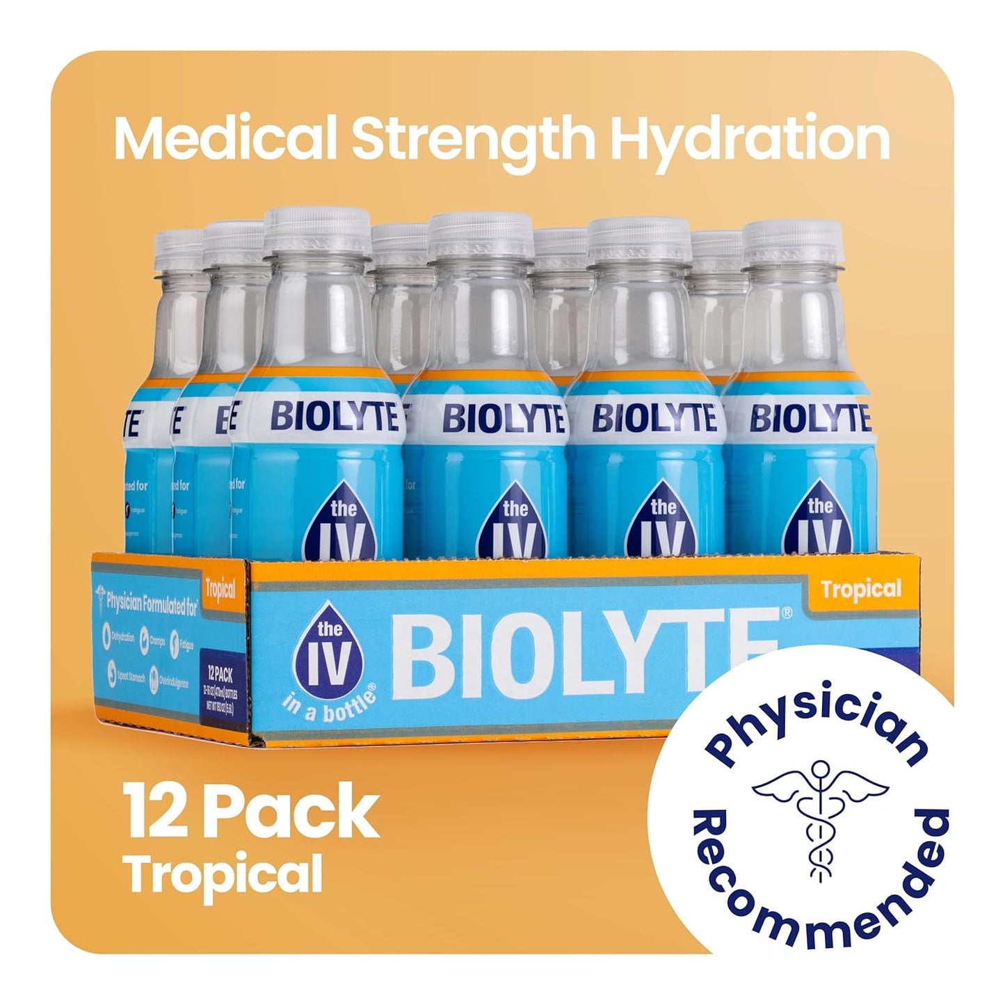 BIOLYTE Tropical Electrolyte Drink - 12 Pack of Medical-Grade Hydration Water with Electrolytes for Energy & Rehydration