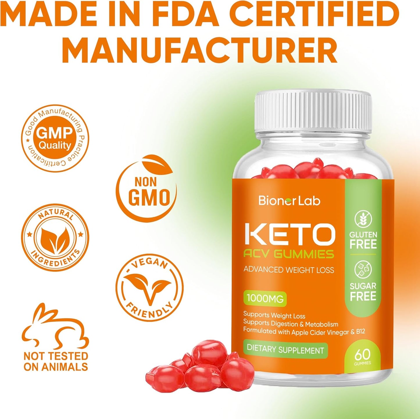 BionerLab Keto ACV Gummies - Pro Active Super Apple Cider Vinegar Supplement (1000MG) for Men Women - Supports Digestion, Metabolism, Hair, and Skin Health - Sugar and Gluten Free