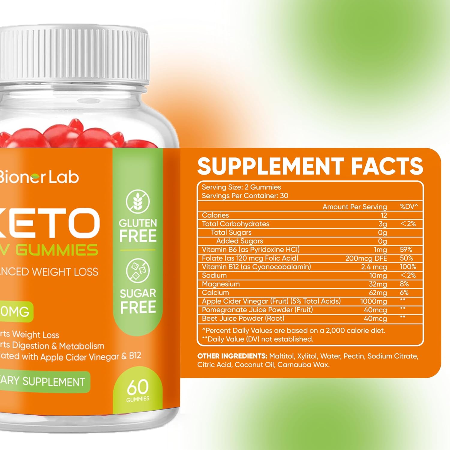 BionerLab Keto ACV Gummies - Pro Active Super Apple Cider Vinegar Supplement (1000MG) for Men Women - Supports Digestion, Metabolism, Hair, and Skin Health - Sugar and Gluten Free