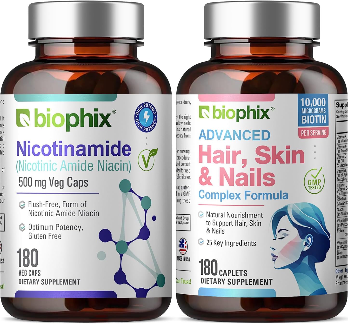 biophix B-3 Nicotinamide 500 mg Vcaps with Biotin for Hair, Skin, and Nails - Skin Cell Health Support Formula
