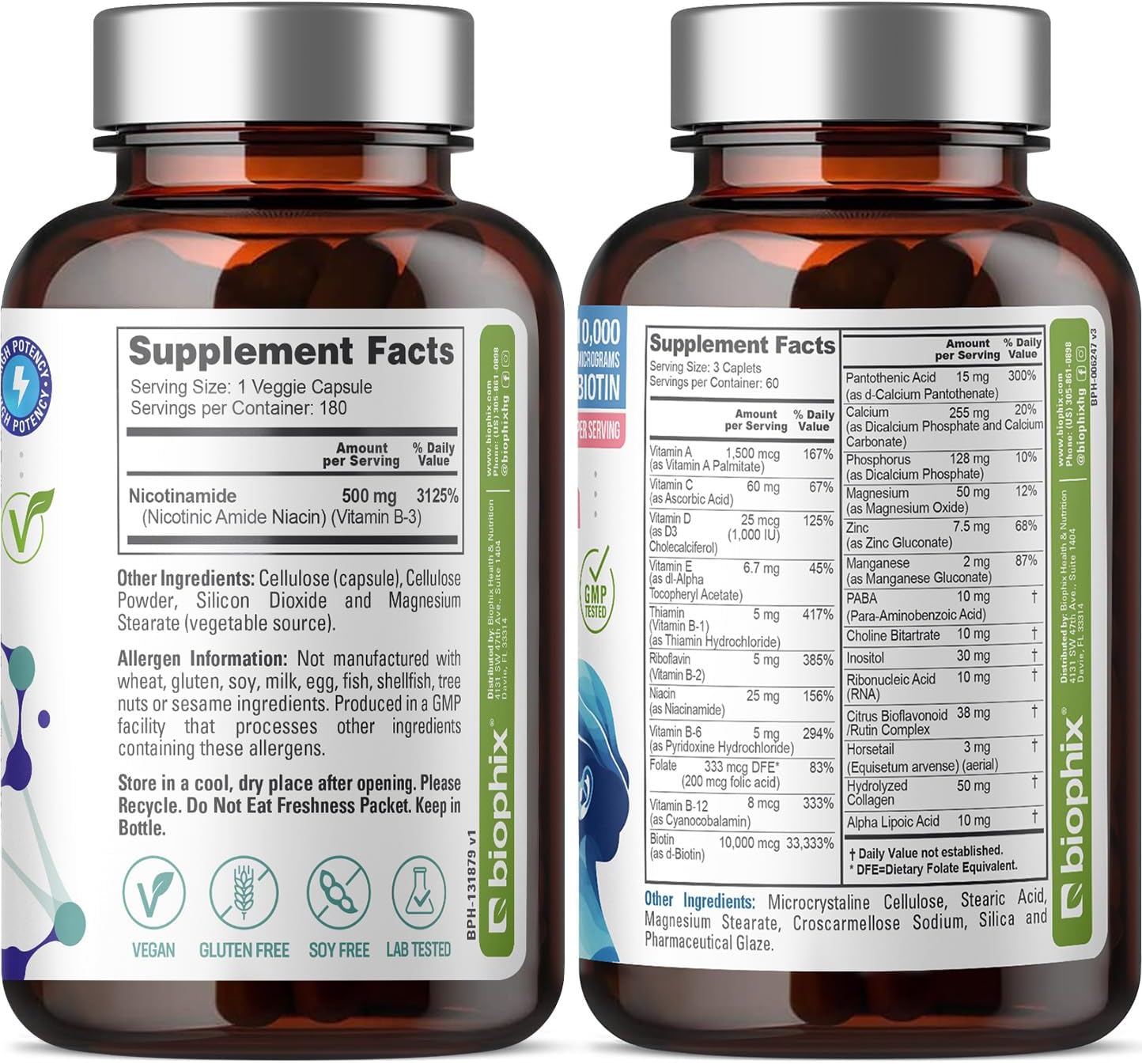 biophix B-3 Nicotinamide 500 mg Vcaps with Biotin for Hair, Skin, and Nails - Skin Cell Health Support Formula