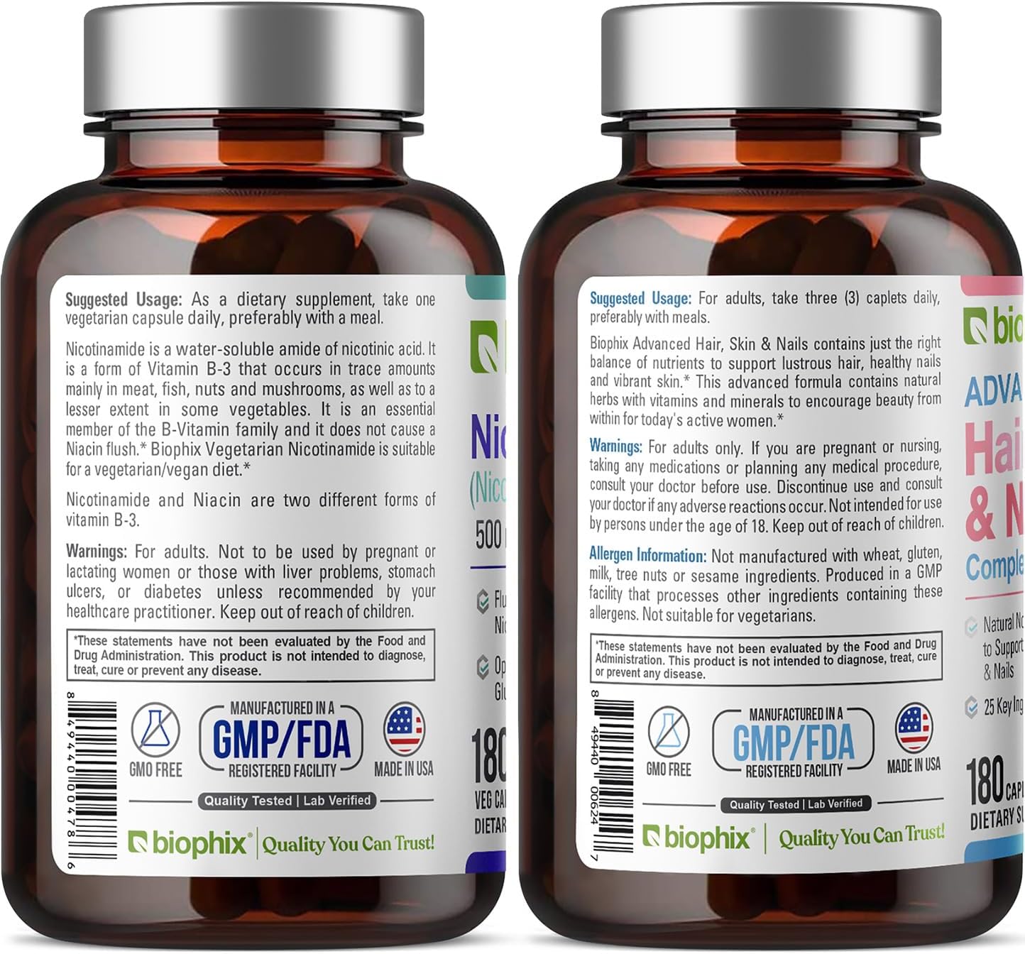 biophix B-3 Nicotinamide 500 mg Vcaps with Biotin for Hair, Skin, and Nails - Skin Cell Health Support Formula