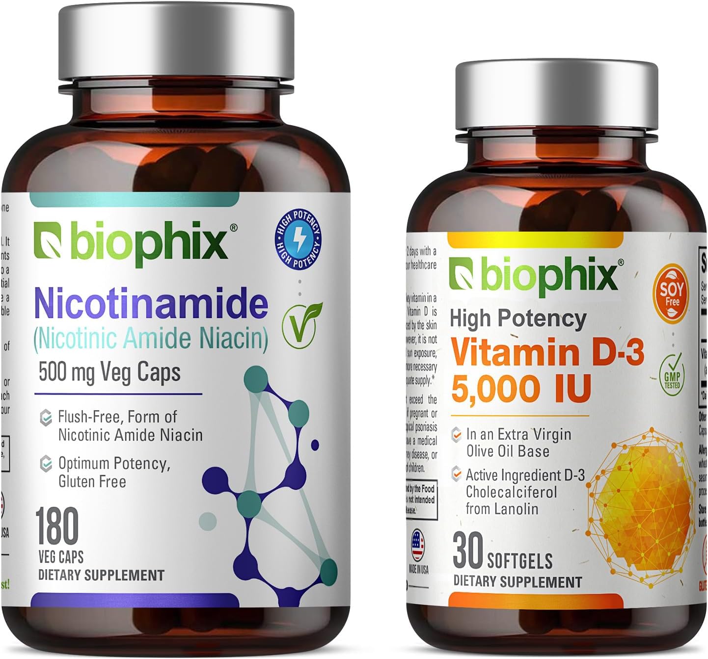 biophix Nicotinamide B-3 500mg + Vitamin D-3 5000IU - Skin Health Support - Flush-Free Niacin Formula - 180 Vcaps + 30 Softgels