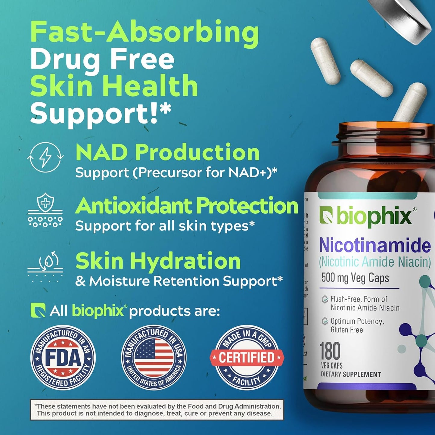 biophix Nicotinamide B-3 500mg + Vitamin D-3 5000IU - Skin Health Support - Flush-Free Niacin Formula - 180 Vcaps + 30 Softgels