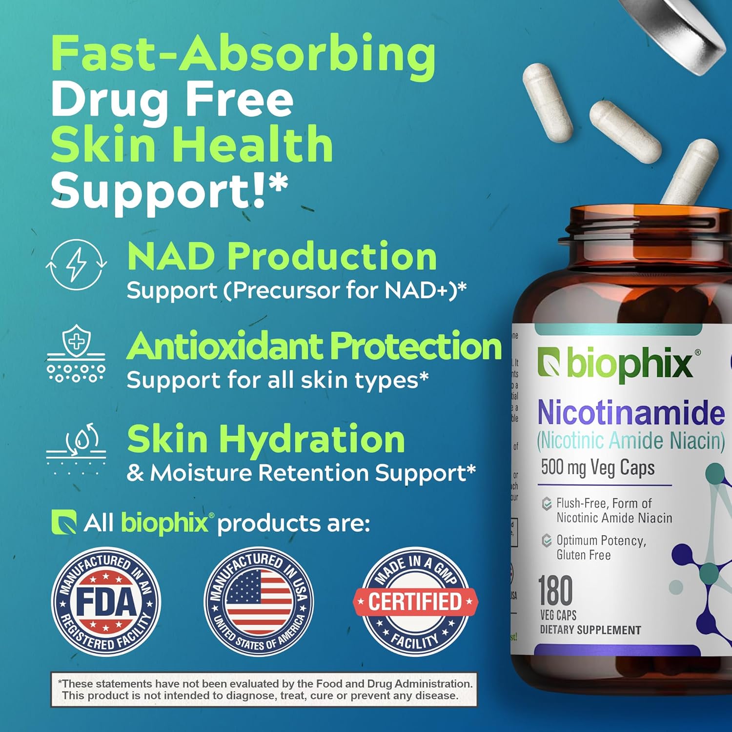 biophix Nicotinamide B-3 500mg + Vitamin D-3 5000IU - Skin Health Support - Flush-Free Niacin Formula - 180 Vcaps + 30 Softgels