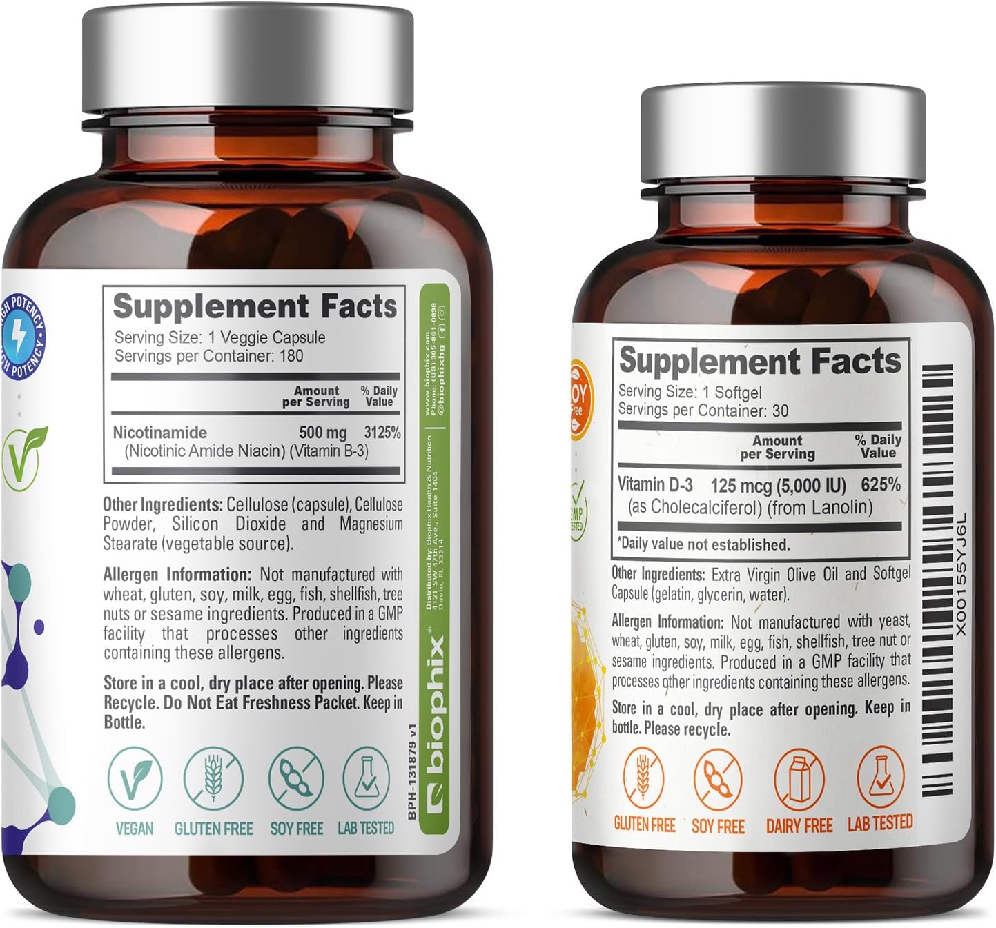 biophix Nicotinamide B-3 500mg + Vitamin D-3 5000IU - Skin Health Support - Flush-Free Niacin Formula - 180 Vcaps + 30 Softgels