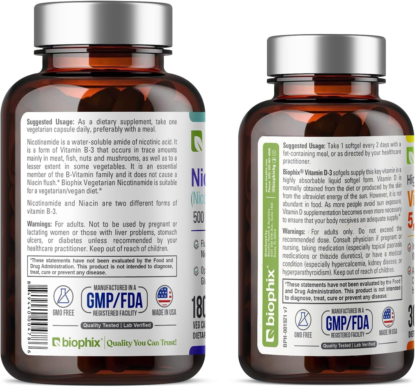 biophix Nicotinamide B-3 500mg + Vitamin D-3 5000IU - Skin Health Support - Flush-Free Niacin Formula - 180 Vcaps + 30 Softgels