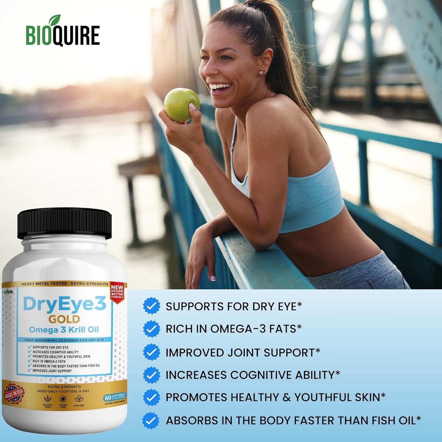 BIOQUIRE Dry Eye Support Softgels with Extra Strength Omega 3 Krill Oil - 60 Count - Non-GMO & Gluten Free