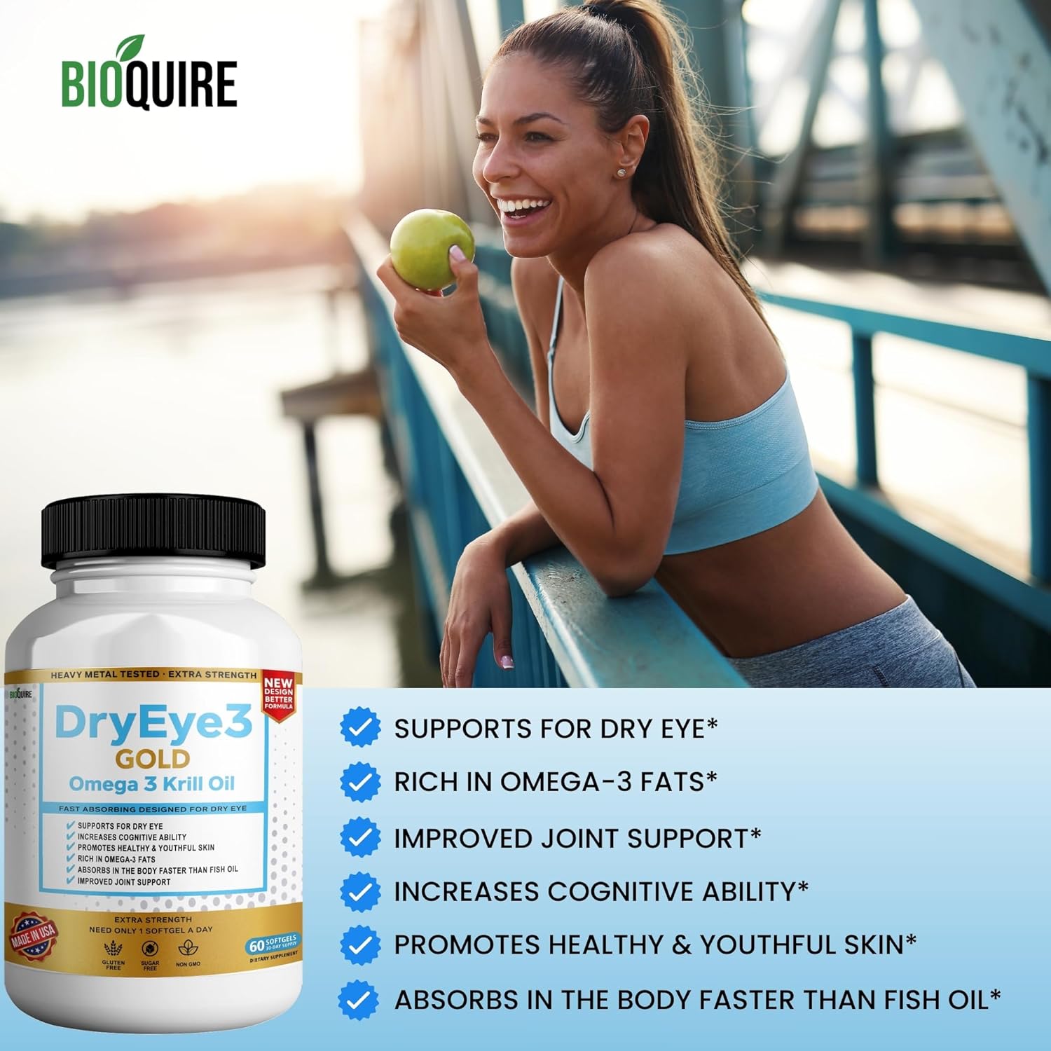 BIOQUIRE Dry Eye Support Softgels with Extra Strength Omega 3 Krill Oil - 60 Count - Non-GMO & Gluten Free