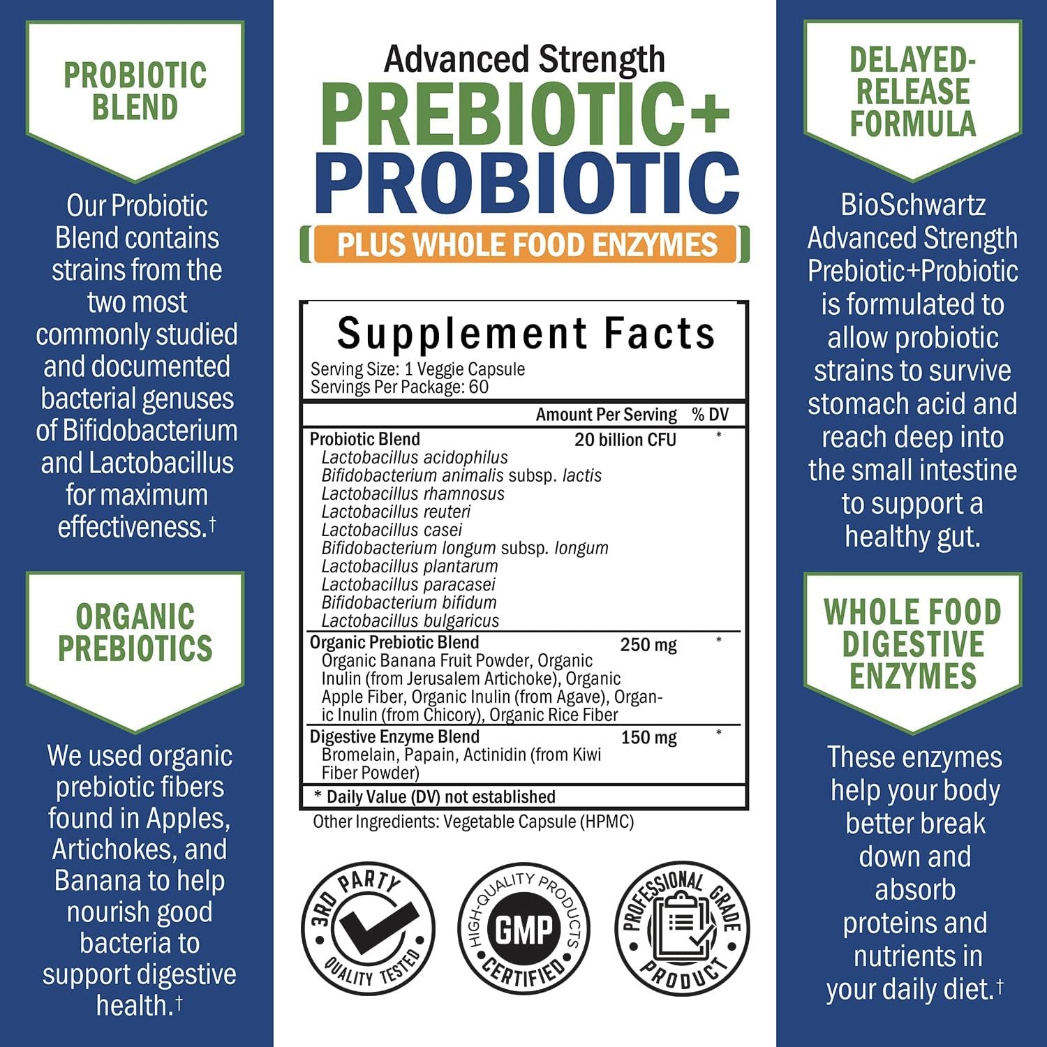 BioSchwartz Advanced Strength Pre and Probiotics Supplement with Digestive Enzymes and Vitamin B Complex + C (4 Month Supply)