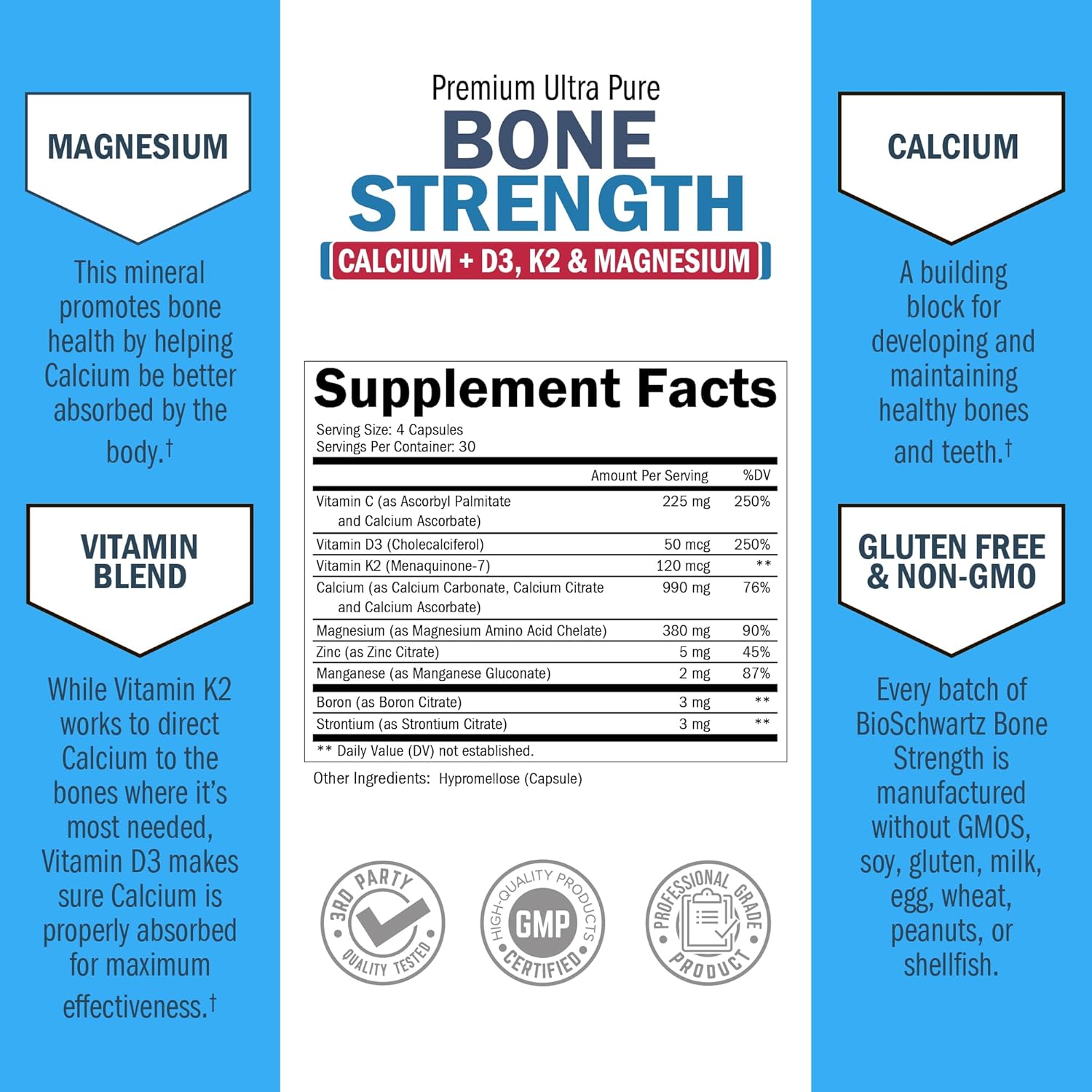 BioSchwartz Bone Strength Calcium Supplement with Vitamin D3, K2, C, Magnesium, Zinc - 8 Bone Health Nutrients, High Absorption - 120 Veggie Capsules