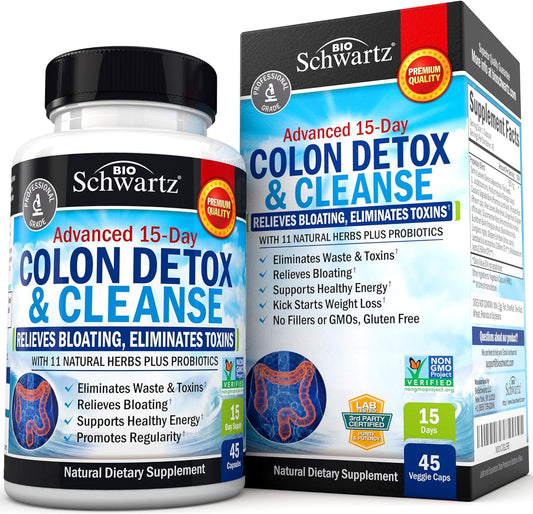 BioSchwartz Colon Cleanser & Detox - Fast-Acting 15-Day Cleanse for Digestive Support with Probiotic Fiber, Psyllium Husk, Noni - Constipation Relief & Bloating Support - Non-GMO - 45 Count
