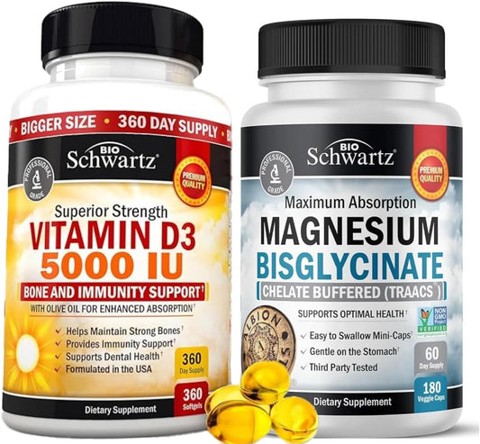 BioSchwartz High Strength Vitamin D3 5000 IU + Magnesium Bisglycinate Capsules Bundle