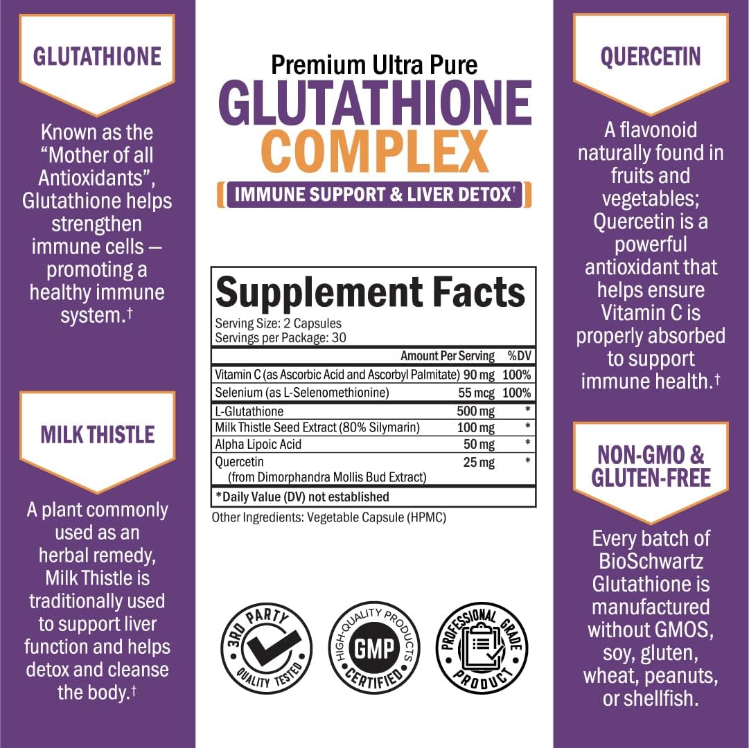 BioSchwartz Liver Detox Supplement with Glutathione, Quercetin, Vitamin C, Milk Thistle, Alpha Lipoic Acid - Immune Support & Cleanse Formula - 500mg, 60ct
