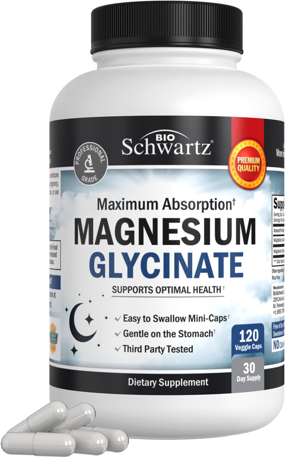 BioSchwartz Magnesium Glycinate Capsules - 500mg (120 Mini Caps) for Maximum Absorption - Vegan, Gluten-Free, Soy-Free, Non-GMO Supplement for Nerves, Muscles, Heart, Mood, and Sleep Support
