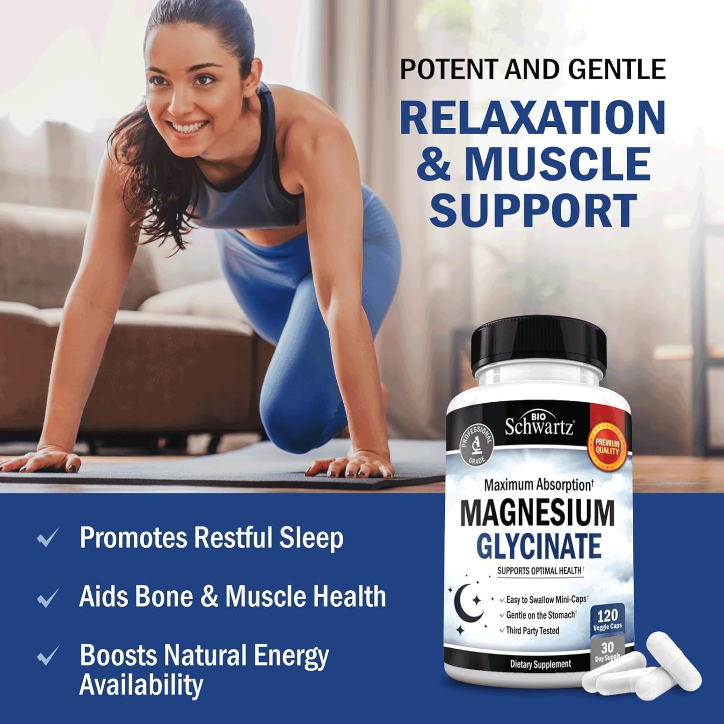 BioSchwartz Magnesium Glycinate Capsules - 500mg (120 Mini Caps) for Maximum Absorption - Vegan, Gluten-Free, Soy-Free, Non-GMO Supplement for Nerves, Muscles, Heart, Mood, and Sleep Support