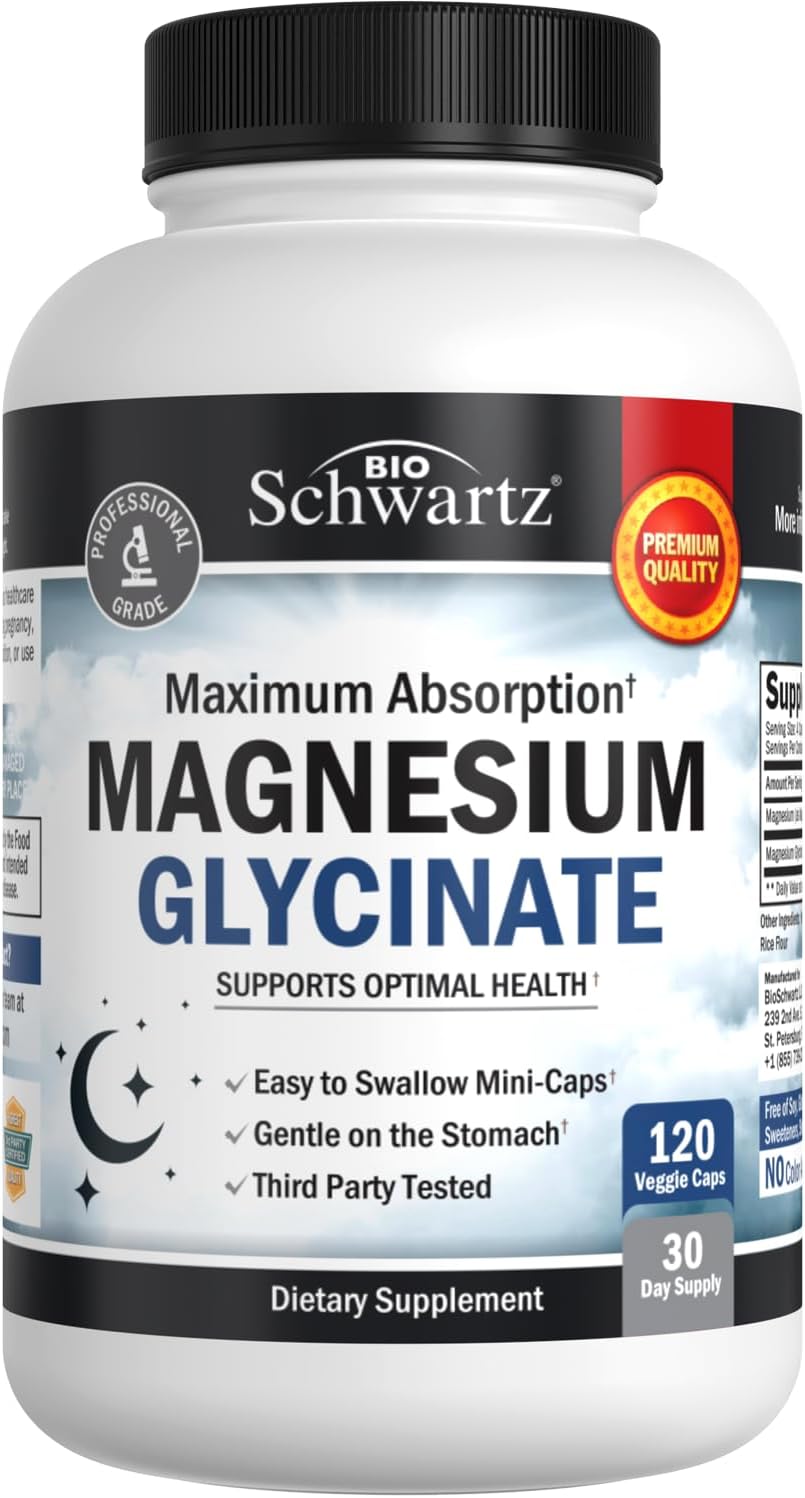 BioSchwartz Magnesium Glycinate Capsules - 500mg (120 Mini Caps) for Maximum Absorption - Vegan, Gluten-Free, Soy-Free, Non-GMO Supplement for Nerves, Muscles, Heart, Mood, and Sleep Support