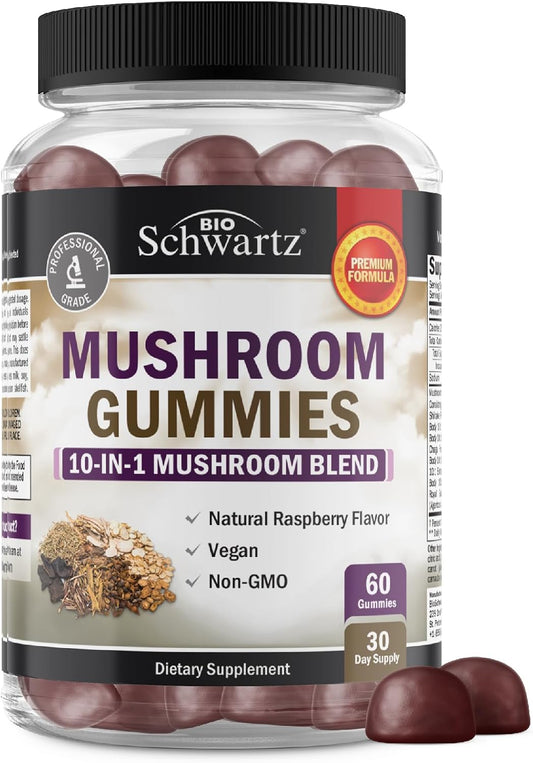 BioSchwartz Mushroom Gummies: 10-in-1 Functional Supplement for Mood and Focus - Lions Mane, Turkey Tail, Cordyceps, Shiitake, Reishi - Vegan, Non-GMO, Raspberry Flavor - 60 Count