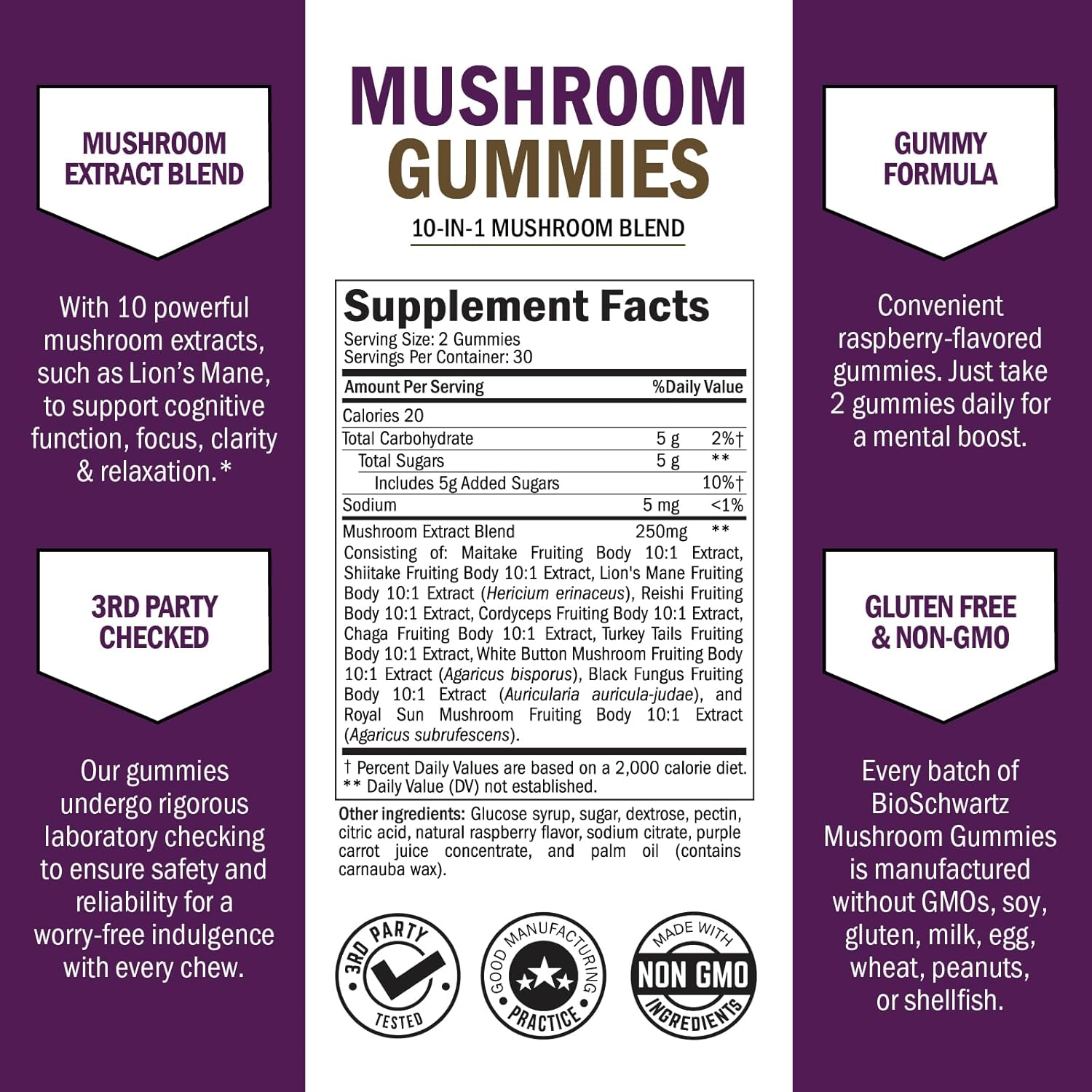 BioSchwartz Mushroom Gummies: 10-in-1 Functional Supplement for Mood and Focus - Lions Mane, Turkey Tail, Cordyceps, Shiitake, Reishi - Vegan, Non-GMO, Raspberry Flavor - 60 Count