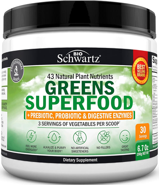 BioSchwartz Super Greens Powder Superfood with Probiotics, Prebiotics, and Digestive Enzymes - 43 Green Superfoods Including Chlorophyll, Bilberry, Chlorella, and Spirulina - Delicious Taste - 30 Servings