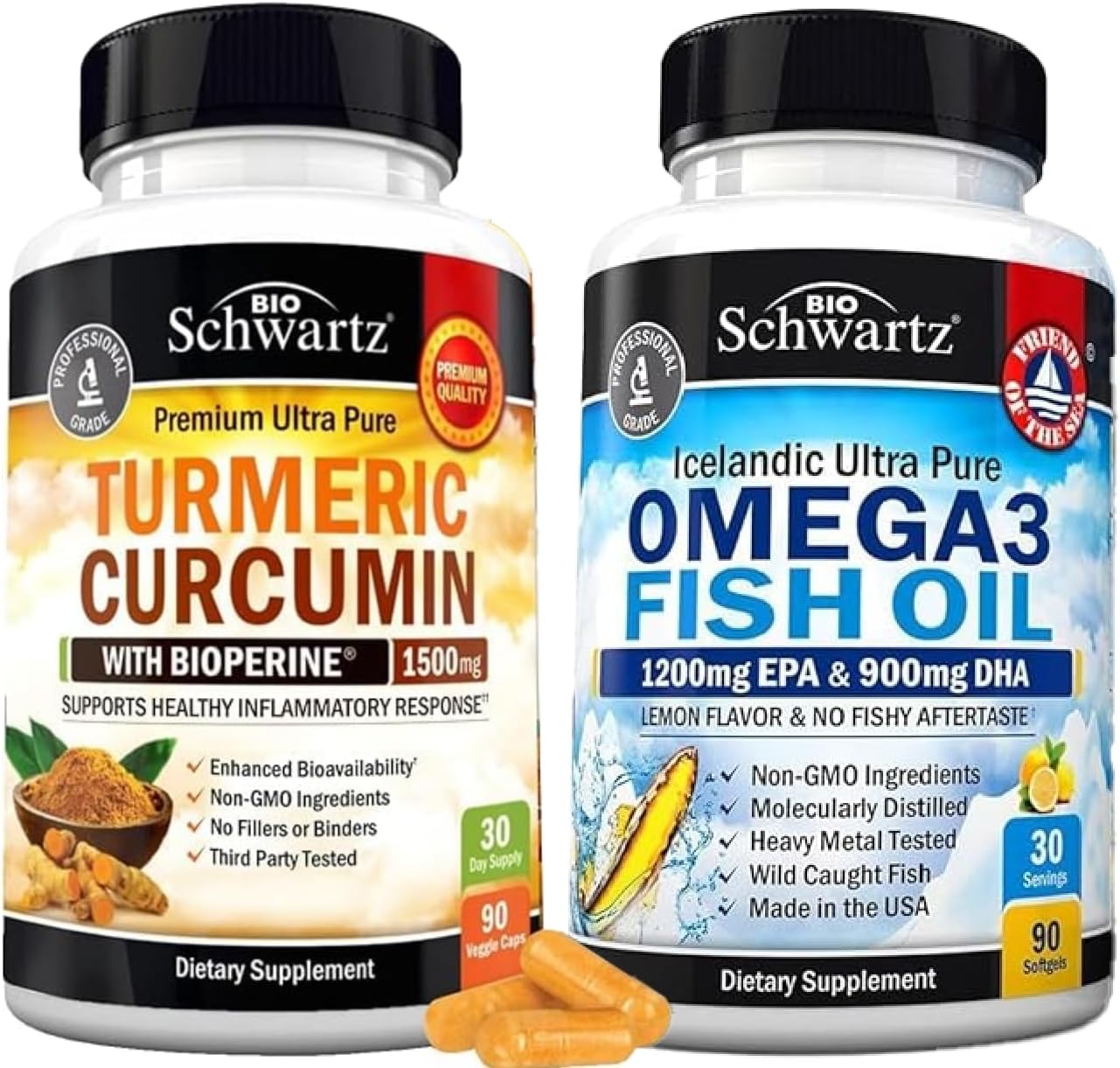BioSchwartz Triple Strength Omega 3 Fish Oil Softgels and Turmeric Curcumin Complex Bundle (1 Month Supply)