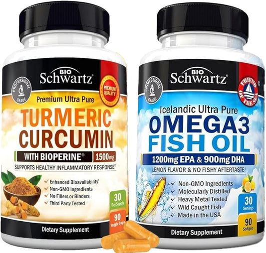 BioSchwartz Triple Strength Omega 3 Fish Oil Softgels and Turmeric Curcumin Complex Bundle (1 Month Supply)