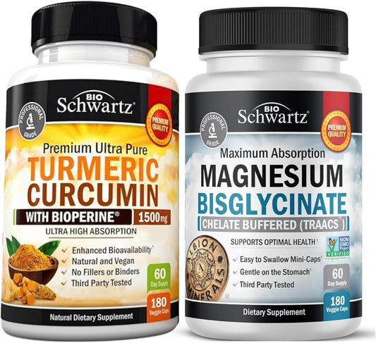 BioSchwartz Turmeric Curcumin & Black Pepper Extract Complex 1500mg + Magnesium Bisglycinate Capsules, High Absorption, 3 Month Supply