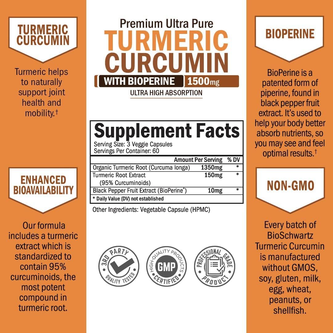 BioSchwartz Turmeric Curcumin & Black Pepper Extract Complex 1500mg + Magnesium Bisglycinate Capsules, High Absorption, 3 Month Supply