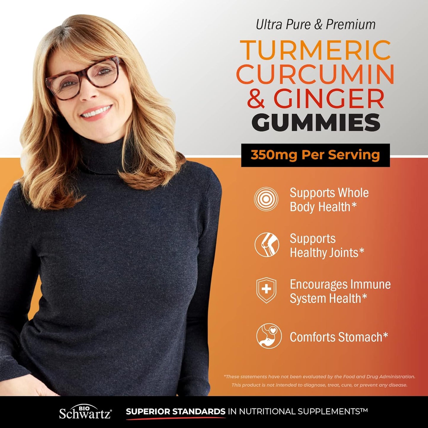 BioSchwartz Turmeric Curcumin with Ginger Gummies - Peach Flavor Joint Support Supplement, High Absorption, Non-GMO, Gluten Free - 120 Count
